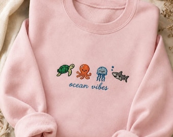 Cute Ocean Animal Embroidered Shirt, Sea Animal Tee, Cute Coastal Aesthetic Sweatshirt, Simple Beach Vibes Gift for Girl Trips, Summer Vibes