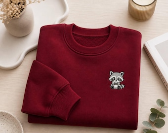 Minimal Raccoon Embroidered Crewneck Sweatshirt, Cozy Unisex Animal Top