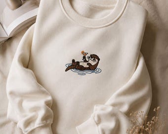 Embroidered Otter Cocktail Sweatshirt, Relaxed Summer Beach Crewneck Pullover
