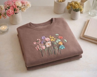 Embroidered Wildflower Bouquet Sweatshirt, Oversized Cottagecore Floral Apparel