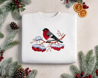 Embroidered Bird Sweatshirt, Minimalist Winter Nature Apparel, Cozy Cotton Blend