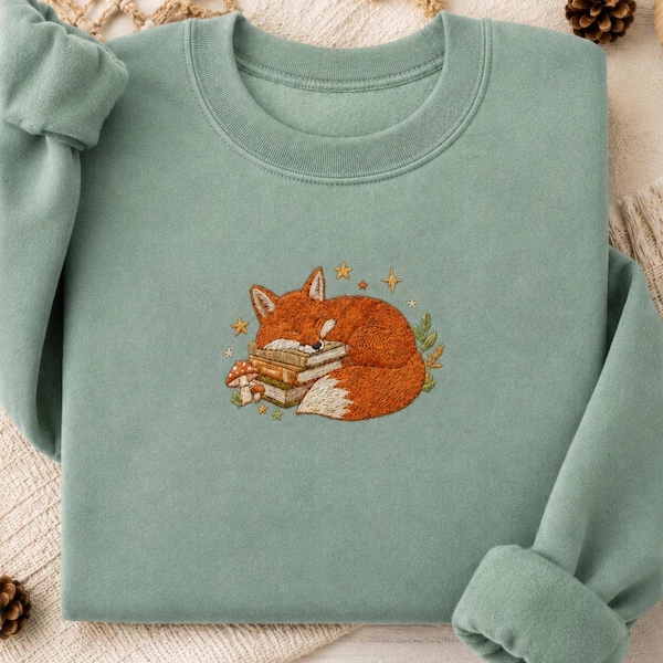 Sudadera bordada con zorro durmiente, sudadera con capucha estilo libro cottagecore, cuello redondo con estrellas, regalo de animales del bosque