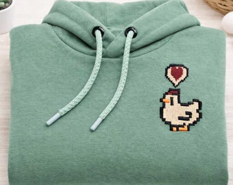 Embroidered Pixel Chicken Sweatshirt, Stardew Valley Gaming Apparel, Handcrafted Comfort Hoodie
