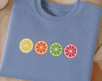 Tropical Fruit Embroidered Sweatshirt, Colorful Summer Aesthetic Shirt, Retro Citrus Berry Lemon, Cottagecore Clothing