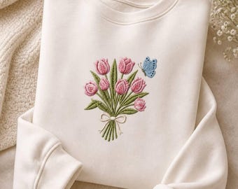 Felpa con tulipani rosa ricamati, girocollo floreale primaverile, pullover floreale in stile cottagecore