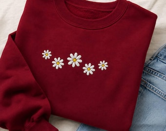 Embroidered Daisy Sweatshirt, Floral Crewneck Sweater, Flower Shirt