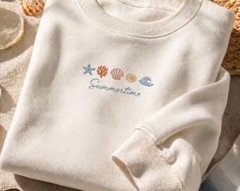 Minimalist Beach Embroidered Sweatshirt, Starfish Coral Wave Icons Crewneck, Coastal Summer Shirt, Ocean Lover Gift for Girl Trips