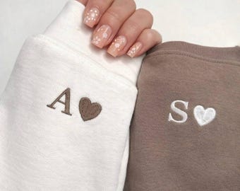 Custom Embroidered Initial Heart Sweatshirt, Personalized Couples Hoodie, Matching Valentine's Day Gift