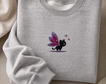 Embroidered Fairy Cat Sweatshirt, Cottagecore Cat Crewneck, Fantasy Butterfly Wings Aesthetic Top