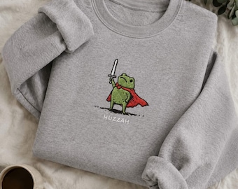 Huzzah Frog Sweatshirt, Embroidered Gildan 18000, Funny DnD Pullover, Renaissance Faire Frog Crewneck, Medieval Fantasy Gamer Gift