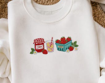 Embroidered Strawberry Jam Sweatshirt, Cottagecore Crewneck Shirt, Summer Berries Shirt, Kawaii Fruit Shirt