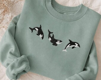 Embroidered Trio of Orcas Sweatshirt, Embroidered Orcas Sweatshirt, Orcas Shirt, Orca Whale Shirts, Ocean Shirts, Fish Shirts
