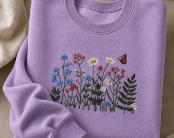 Embroidered Flower and Butterfly Sweatshirt, Wildflower Crewneck, Cottagecore Botanical Sweater, Flower Meadow Hoodie