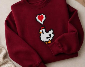 Embroidered Pixel Chicken Sweatshirt, Stardew Valley Gaming Apparel, Handcrafted Comfort Hoodie
