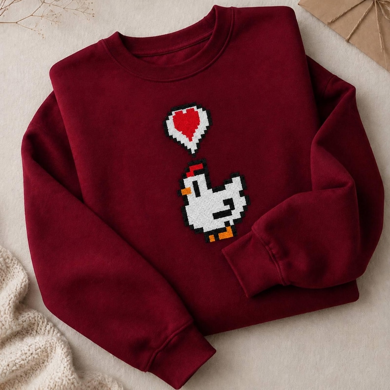 May include: Burgundy sweatshirt featuring a pixelated white chicken with a red comb and orange feet. A pixelated red heart floats above the chicken. The sweatshirt has a crew neck and long sleeves.