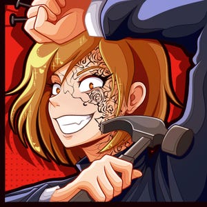 May include: A digital illustration of a person with short blonde hair and a rose tattoo on their face, holding a metal hammer. The person has a wide, toothy grin and is positioned against a vibrant red background with a subtle dot pattern.