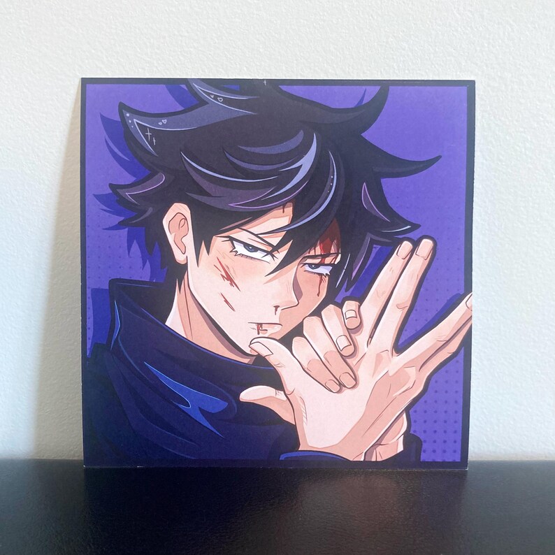May include: A square art print featuring an anime-style character with spiky black hair and a dark blue high-collar garment. The character has visible red marks on their face and is making a hand gesture. The background is a solid purple color.