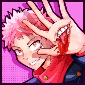 May include: A digital illustration of a character with spiky pink hair and red eyes, wearing a dark blue jacket with gold buttons. A hand is held up, featuring a realistic mouth with white teeth and a red tongue emerging from the palm.