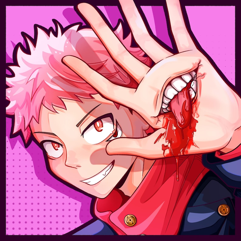 May include: A digital illustration of a character with spiky pink hair and red eyes, wearing a dark blue jacket with gold buttons. A hand is held up, featuring a realistic mouth with white teeth and a red tongue emerging from the palm.