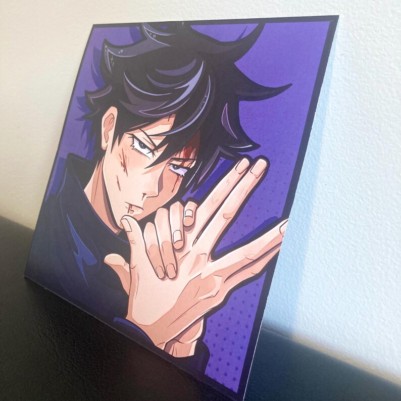 May include: A square art print featuring a stylized anime character with spiky black hair and a dark uniform. The character has visible facial scratches and is making a hand gesture against a vibrant purple background with a subtle dot pattern.