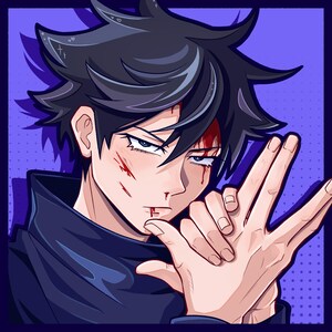 May include: A digital illustration of a character with spiky black hair and blue eyes, wearing a dark high-collared garment. The character has visible red scratches and blood on their face and is forming a hand sign against a purple background.
