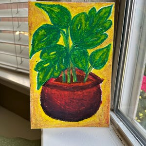 Potted Monstera Art Print - Original Oil Pastel Artwork - Aesthetic Wall Art - Wall Decor - Summer Artwork - Plants - Plant Leaf Art