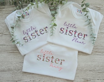 Embroidered Little Sister BabyGrow, New Baby, Matching, Florals