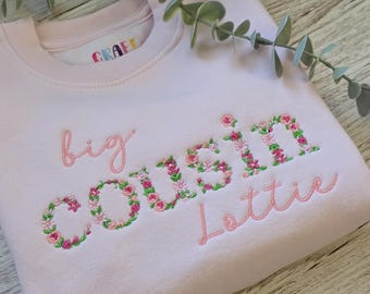 Embroidered Big Cousin, Little Cousin Sweatshirt, Pregnancy Announcement, Keepsake, Floral, Personalised