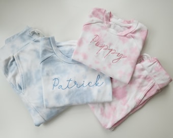 Embroidered Personalised Loungewear Sets, Tie Die, Blue & Pink