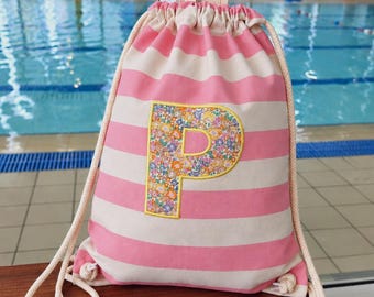 Personalised Liberty Fabric Initial Drawstring Bag, Swimming Bag, PE Bag, Canvas Bag