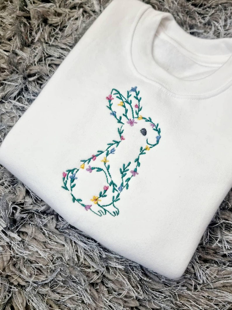 Embroidered Easter Bunny Sweatshirt, Boys & Girls, Kids Fashion, Keepsake, Floral Bunny image 4