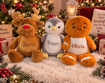 Personalised Embroidered Christmas Soft Toys, Reindeer, Penguin, Gingerbread, First Christmas, Custom Teddy