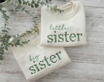 Embroidered Big Sister, Little Sister Jumper, Pregnancy Announcement, Keepsake, Green Leaves, Personalised