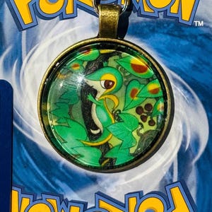 Peut inclure: Un pendentif rond de couleur bronze avec un insert en verre représentant un personnage Pokemon vert avec des accents jaunes. Le personnage est entouré de feuilles et de vignes vertes.