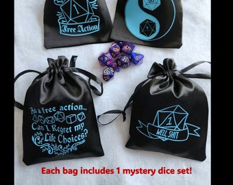 Funny Satin dice bag and mystery dice set; Role playing dice, Dungeons and Dragons, Pathfinder