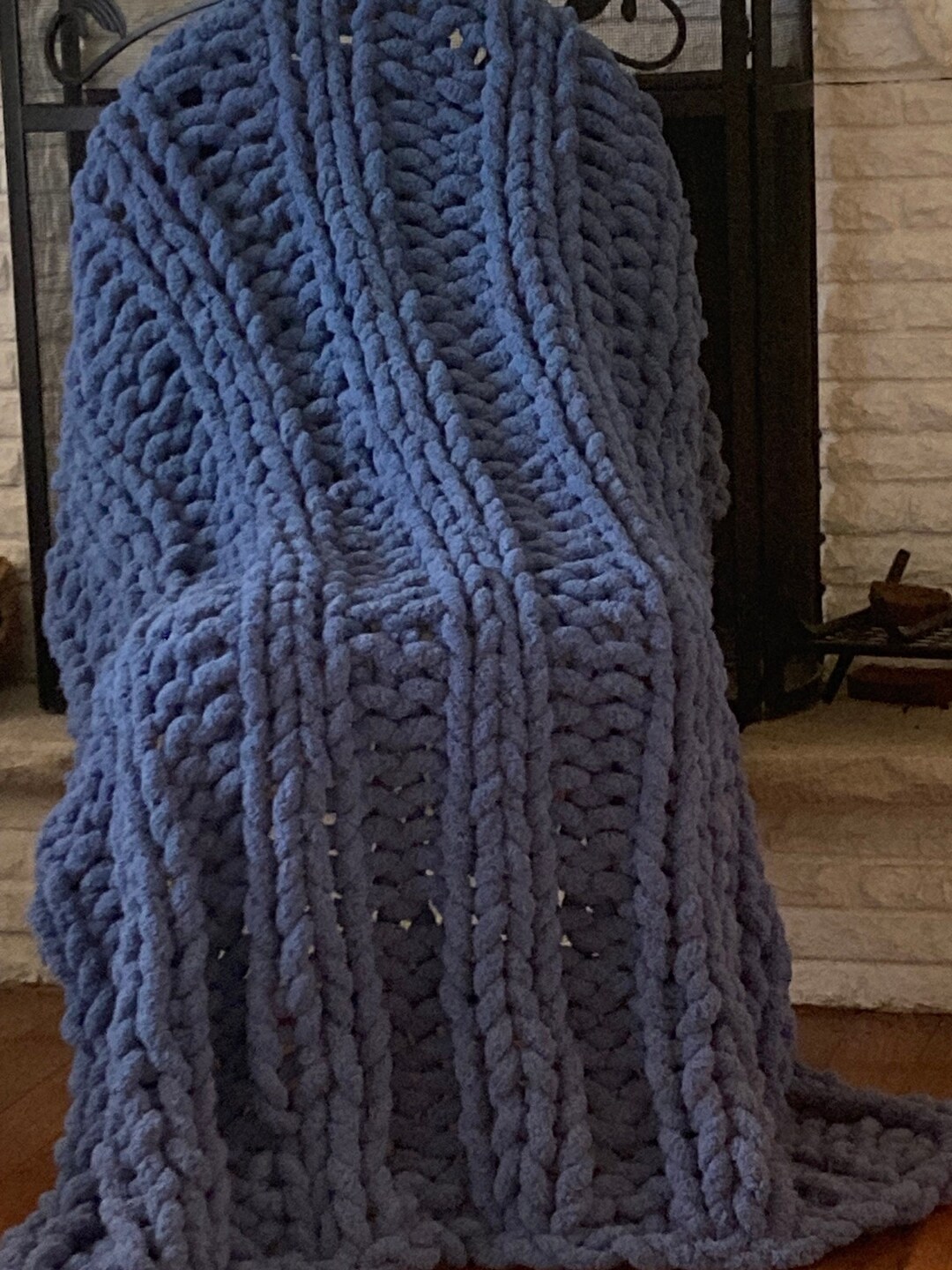 Chunky Blue Cable Knit Blanket, Soft Handmade Chenille Throw, High