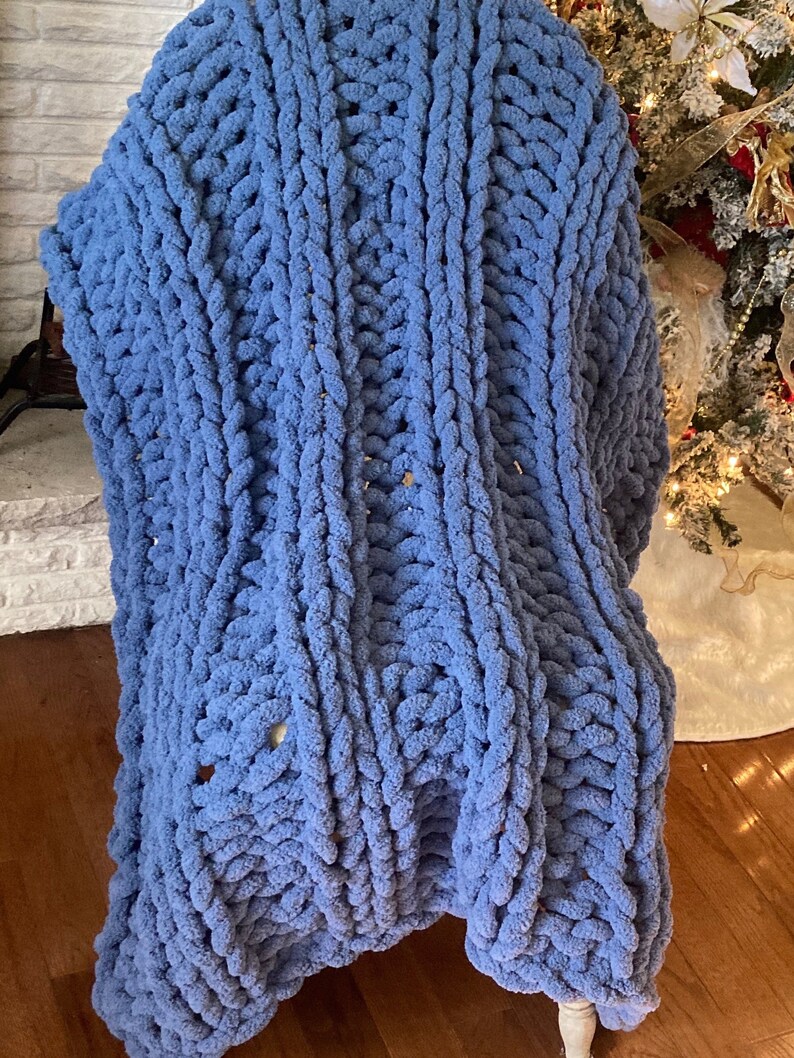 Chunky Blue Cable Knit Blanket, Soft Handmade Chenille Throw, High
