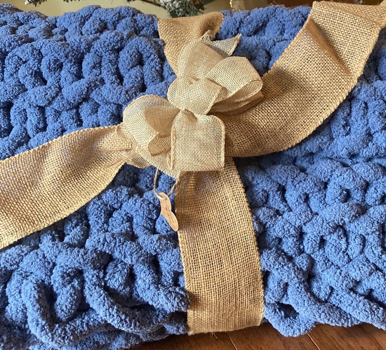 Chunky Blue Cable Knit Blanket, Soft Handmade Chenille Throw, High