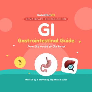 May include: A digital educational guide titled RuleItOutRN GI Gastrointestinal Guide from the mouth to the bowel. The coral background features a 3D stomach illustration, a liver with a magnifying glass icon, and a 25 visual pages badge.