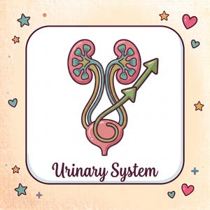 Könnte beinhalten: Eine quadratische grafische Darstellung des menschlichen Harnsystems mit zwei rosafarbenen Nieren, zwei Harnleitern und einer Blase. Ein grüner Pfeil zeigt in der Mitte nach oben. Der Text Urinary System steht in Dunkelbraun unten im Rahmen.