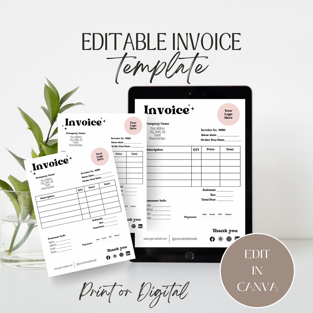 Editable Invoice Template Canva Small Business Printable Invoice ...
