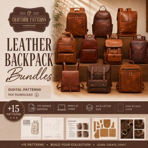 以下が含まれることがあります： 10種類の茶色のレザーバックパックのコレクション。CP CRAFTHIDE PATTERNS、LEATHER BACKPACK Bundles、DIGITAL PATTERNS、PDF DOWNLOAD、+15 PATTERNSというテキストを含むデジタルパターンの情報と共に表示されています。