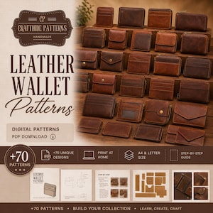 Puede incluir: Una colección de patrones de carteras de cuero marrón con 70 diseños únicos. La imagen muestra varios estilos de carteras terminadas, incluyendo billeteras y tarjeteros, junto con diagramas instructivos, etiquetas de texto e iconos de PDF.
