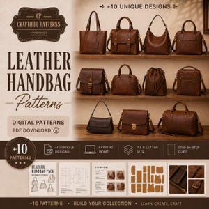 Peut inclure: Une collection de dix patrons de sacs à main en cuir marron présentés sur des étagères, incluant divers styles comme des cabas, des cartables et des sacs bandoulière. L'image contient des textes comme CP CRAFTHIDE PATTERNS, LEATHER HANDBAG PATTERNS, DIGITAL PATTERNS PDF DOWNLOAD et +10 UNIQUE DESIGNS.