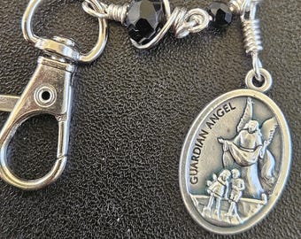 K08 - Handmade.  Guardian Angel and St. Michael pendant key chain.  Hand wrapped multi-facetted ebony black rondelle beads