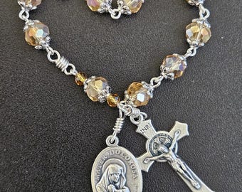 TR005- Handmade tenner decade pocket rosary.  Champagne colored glass beaded chaplet . Jesus and Mary. 1st Communion. St Benedict