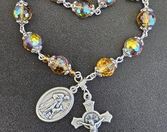 TR061- Handmade tenner decade pocket rosary.  10mm crystal multi faceted sparkling gold beaded chaplet. St. Francis. Fatima crucifix.