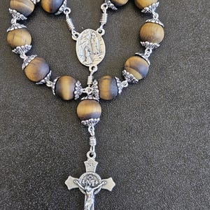D145- Handmade decade rosary chaplet.  10mm matte tiger eyes stone beads. St. Bernadette.  Lady of Fatima. Pocket Rosary. Tenner rosary.