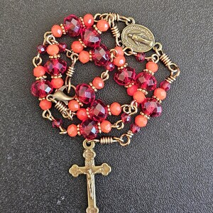 CR100- Handmade Car Rosary. Vintage chaplet. Facetted ruby red crystal glass beads.  Bracelet rosary.  Hangs on rearview mirror.