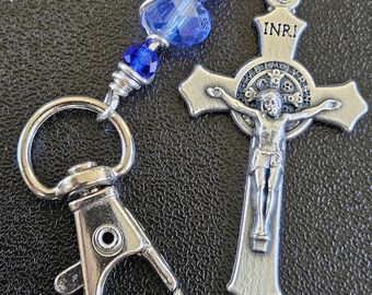 K02-  Handmade Christian keychain.  St. Benedict  Key chain.  Royal blue crystal beads Hand wrapped and hand wired.